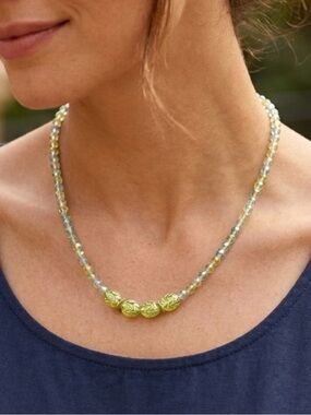 NEW Mary Kent Designs Iridescent Green Glass Faceted Beaded Necklace, 22”